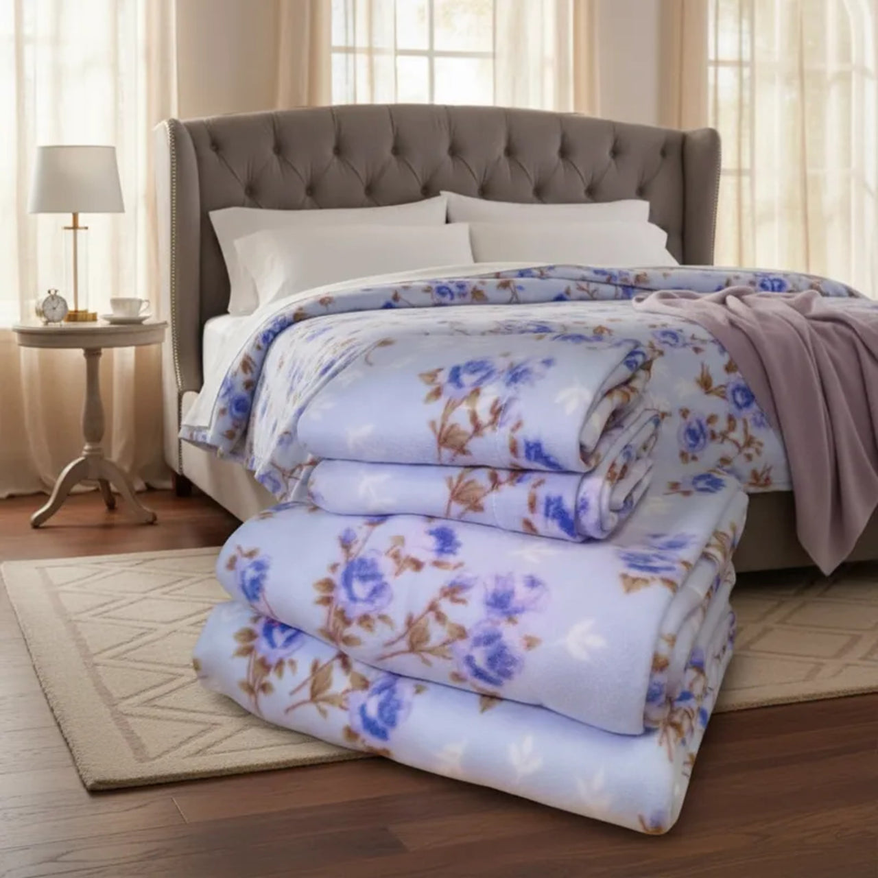 Sábanas Polar Extra Calientita Floral Azul