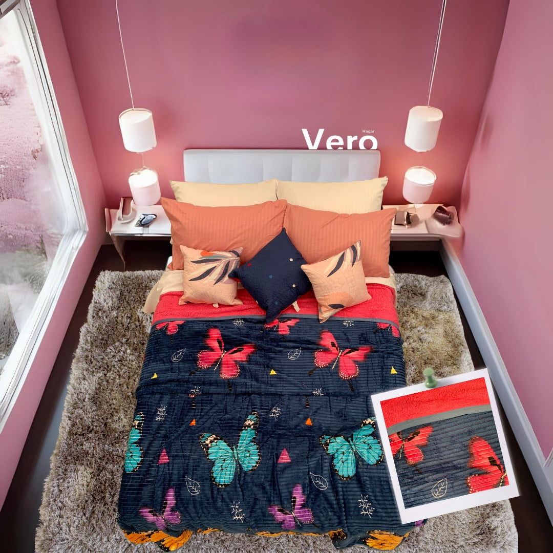 Cobertor Ligero Boston Mariposas Matrimonial con Borrega