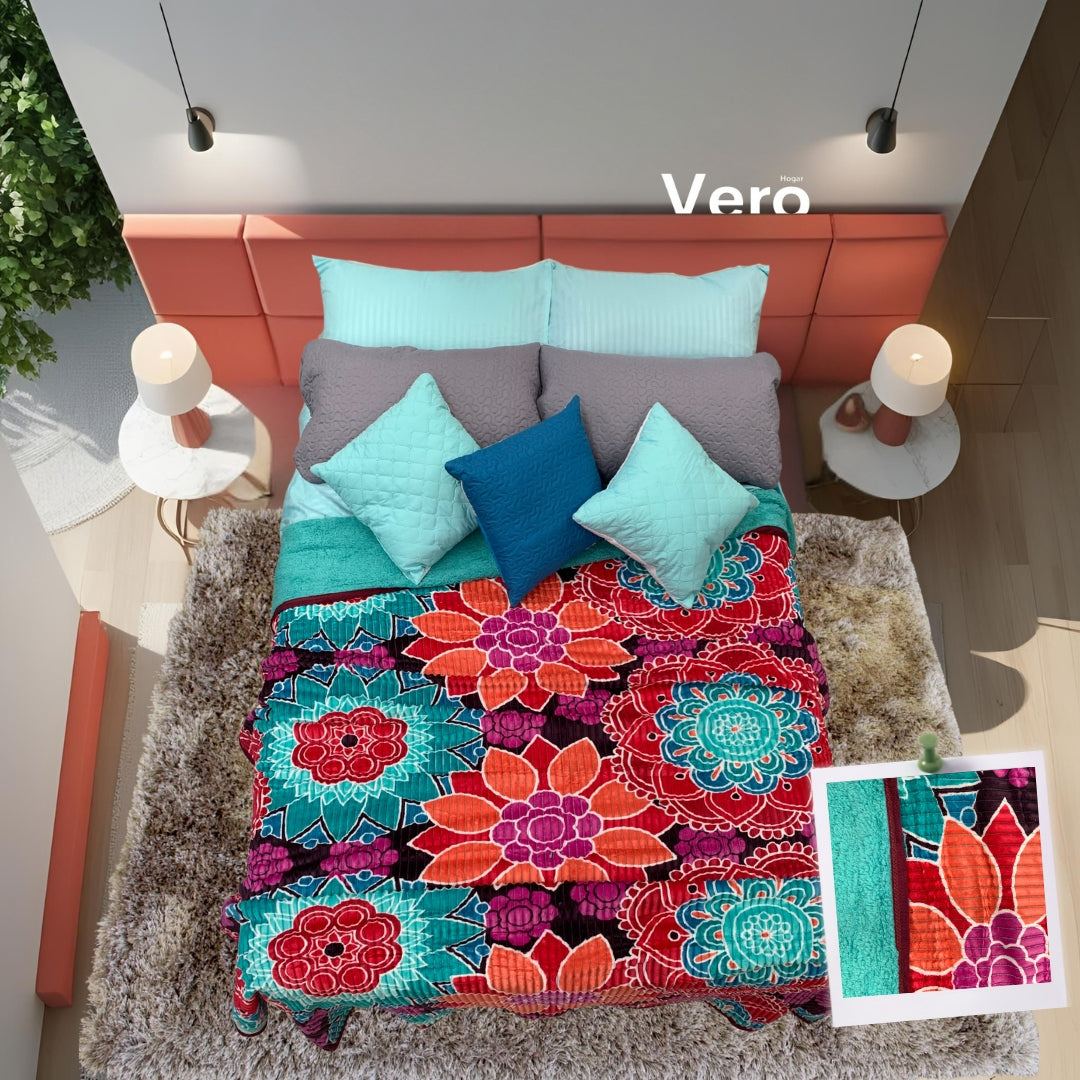 Cobertor Ligero Boston Flowers Matrimonial con Borrega