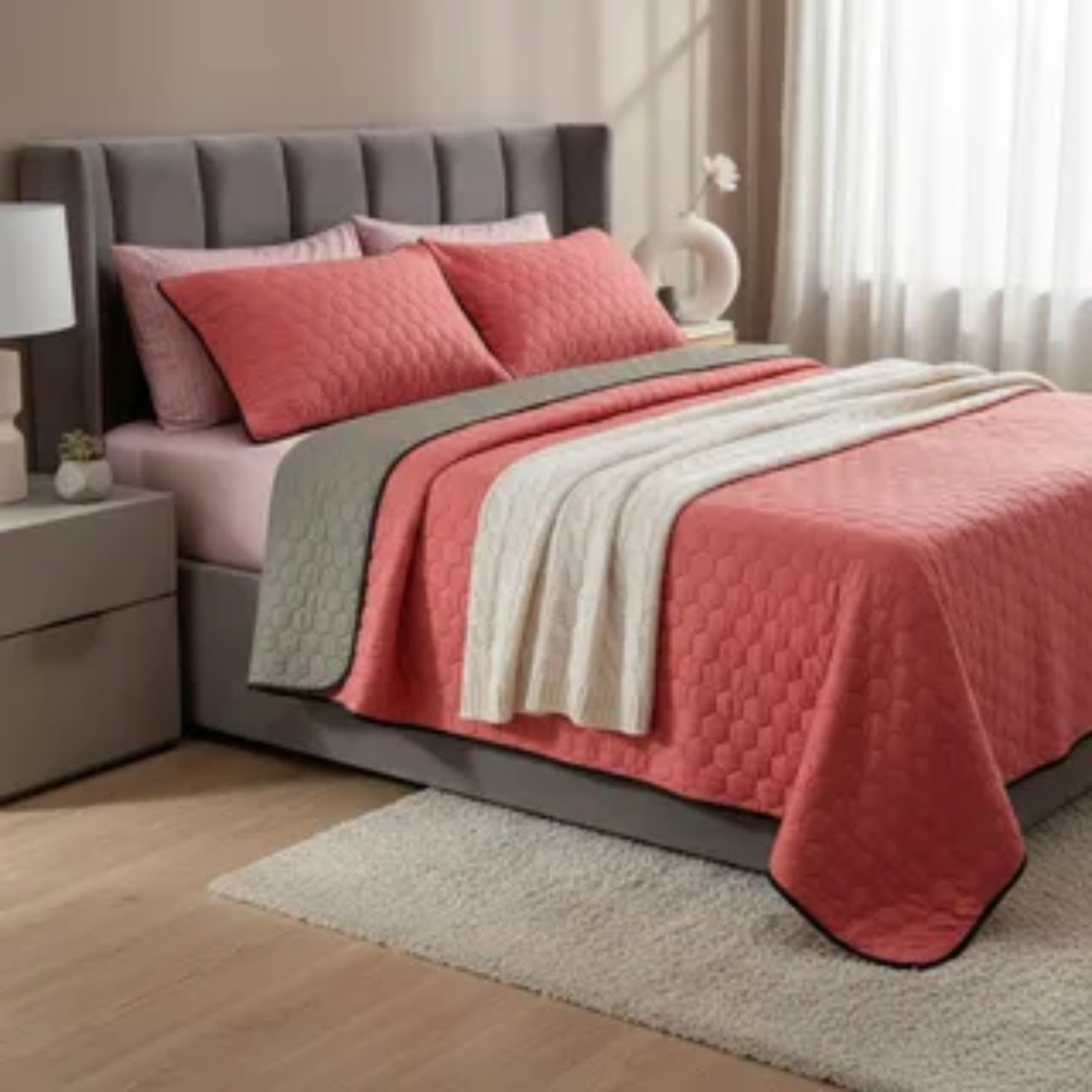 Edredón Prime 2 vistas Coral/Gris