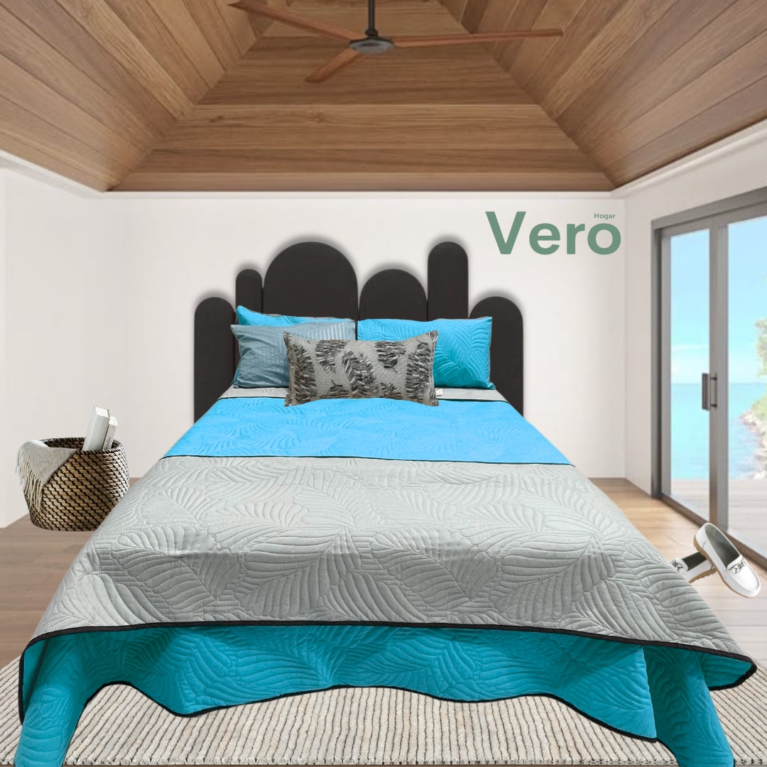 Edredón Cozumel Turquesa Ligero Con Sábanas, Fundas de Almohada, Cojín y RODAPIE