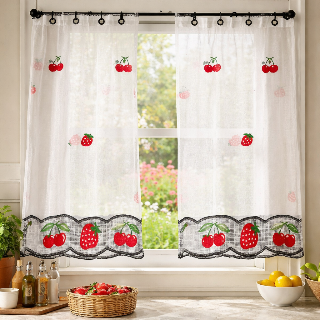 Cortina Para Cocina Bordada Frutos Rojos