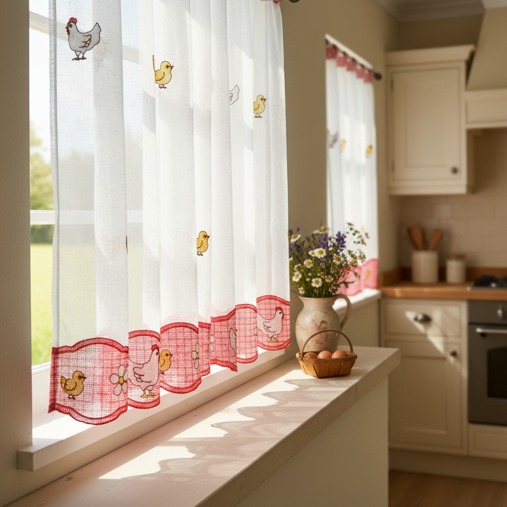Cortina Para Cocina Bordada Pollitos