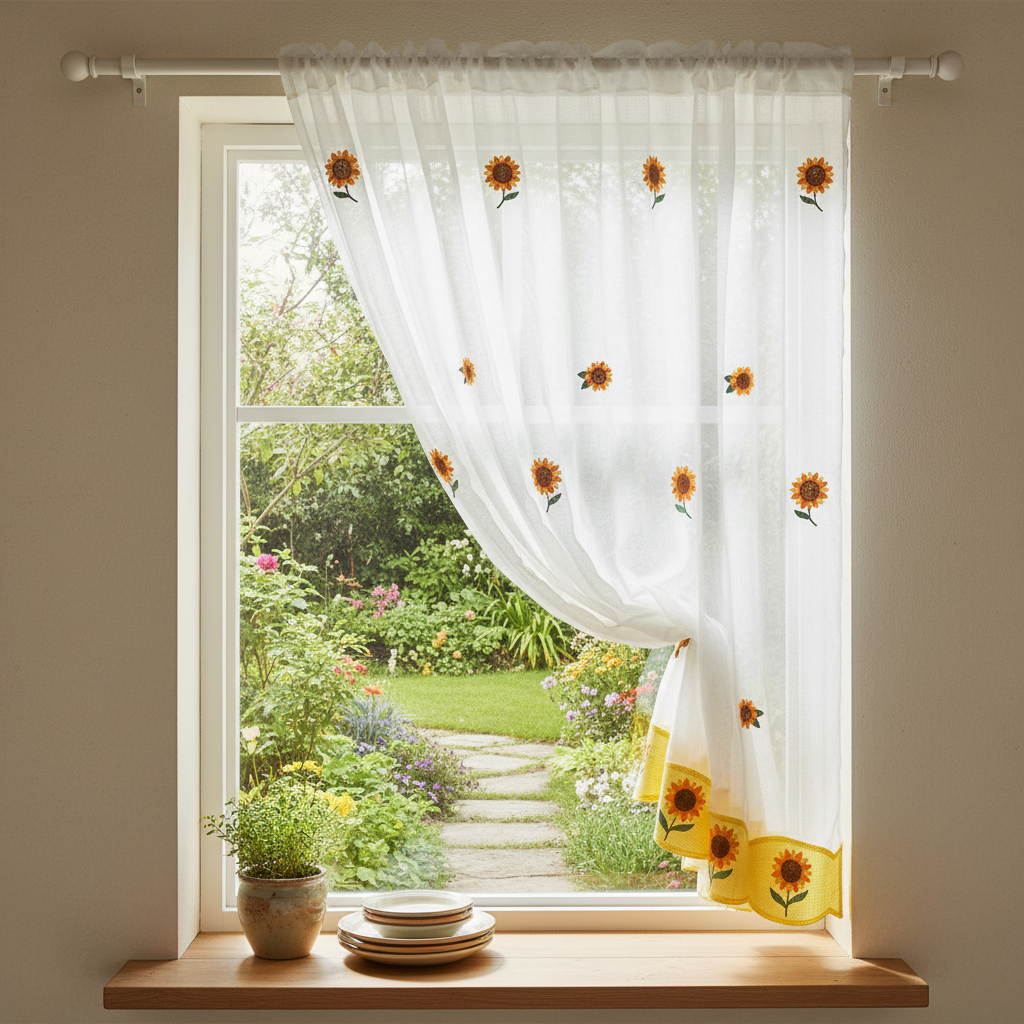 Cortina Para Cocina Bordada Girasol