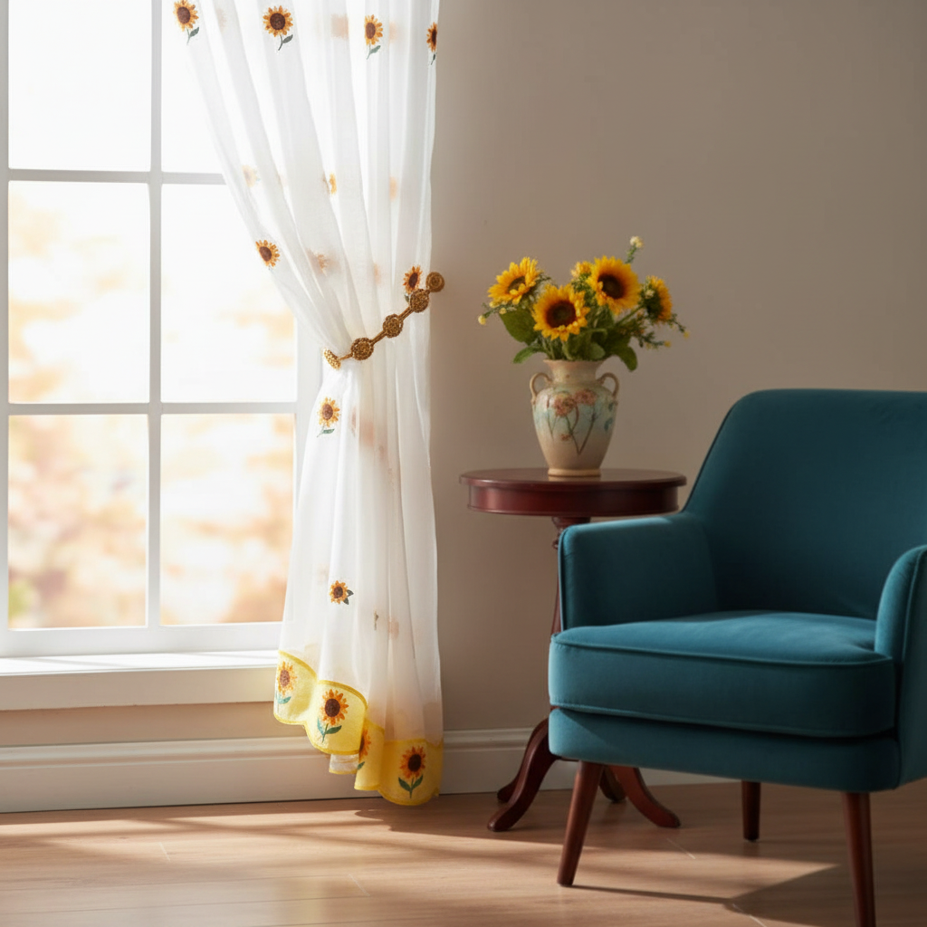 Cortina Para Cocina Bordada Girasol