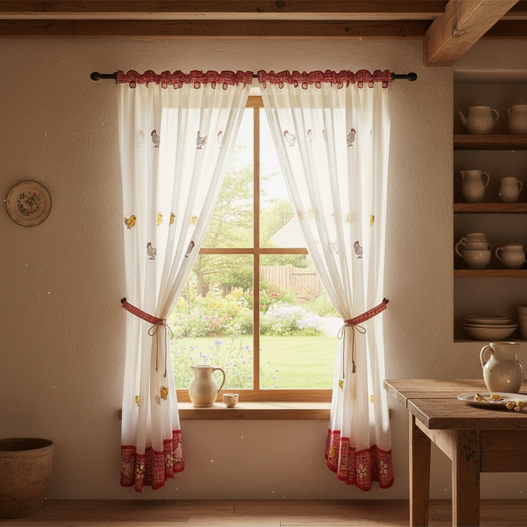 Cortina Para Cocina Bordada Pollitos